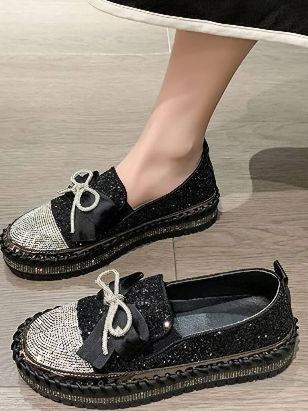 Black Sparkle Loafer with Crystal Toe and Bow